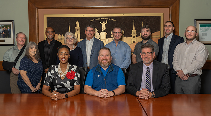 Back Row (Left to Right)-John Quinn, Linda Chrisler, Michael Thornton, Myrna Whitworth, Dan Spruill, Jim Racheff, Dave Schmidt, Frank Jarboe and Cody Weinberg. Front Row (Left to Right)-Dr. Annesa Payne Cheek, President; Christopher R. Clemons, Board Chair and Greg Enloe, Executive Director for Development & FCC Foundation.